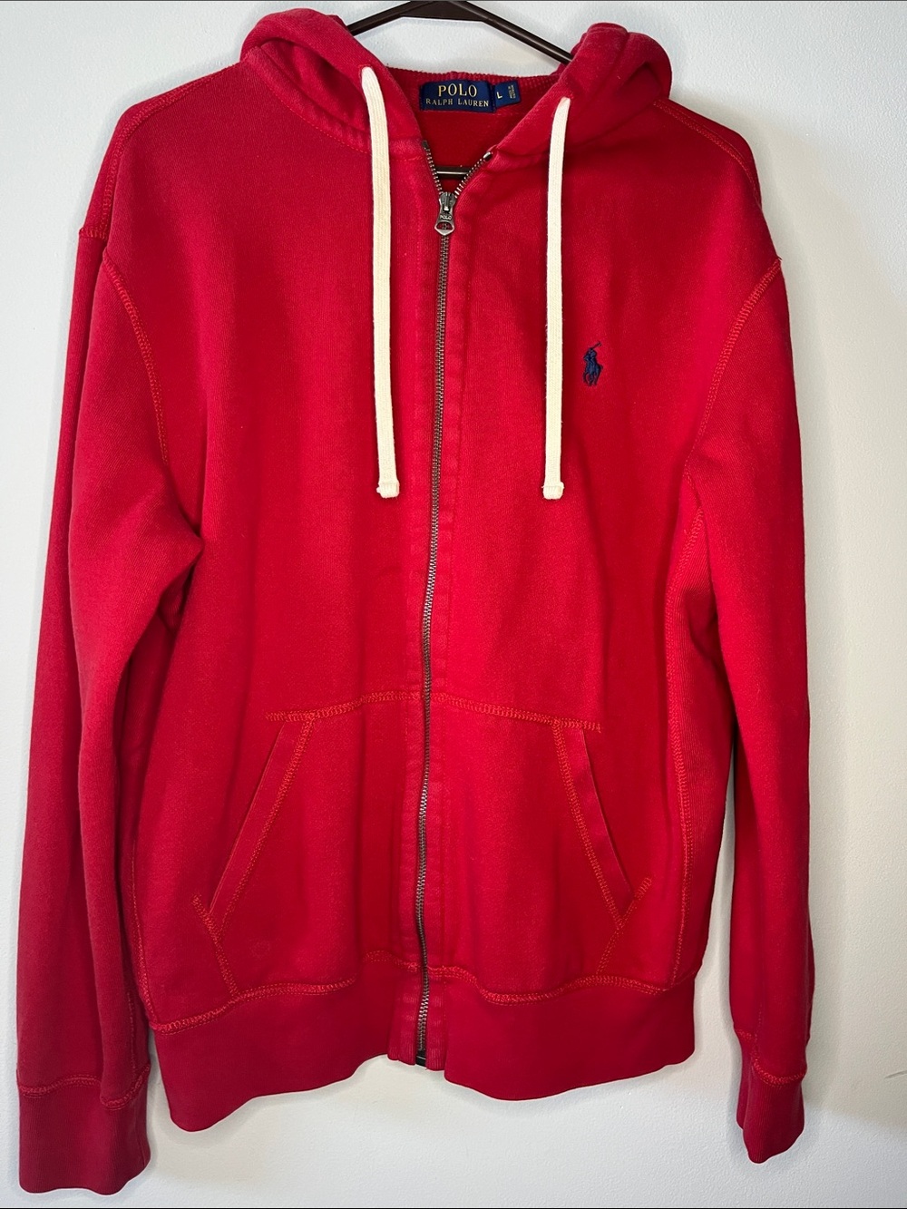 Polo Ralph Lauren Vintage Bright Red Zip Up Hoodie Jacket Lightweight Layering